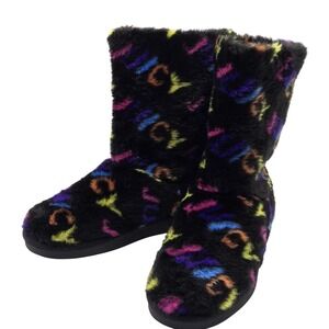 Juicy Couture Slippers Womens 6 Black Multicolor Faux Fur Bootie IC-KAM Cozy